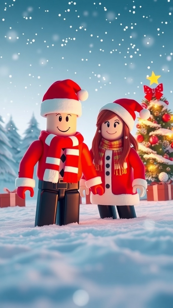 Aesthetic Christmas Roblox Profile Picture for Two People Christmas-themed Roblox profile picture with two avatars in festive outfits against a snowy backdrop.